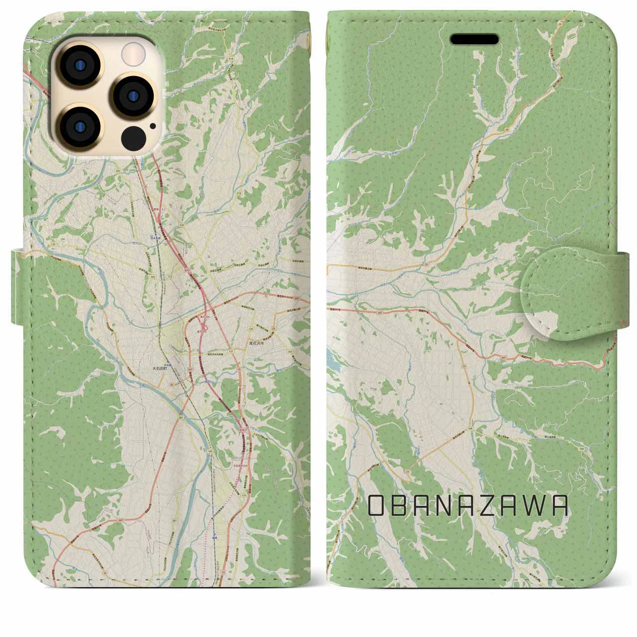 【尾花沢(山形県)】地図柄iPhoneケース(手帳タイプ)ナチュラル・iPhone 12 Pro Max 用
