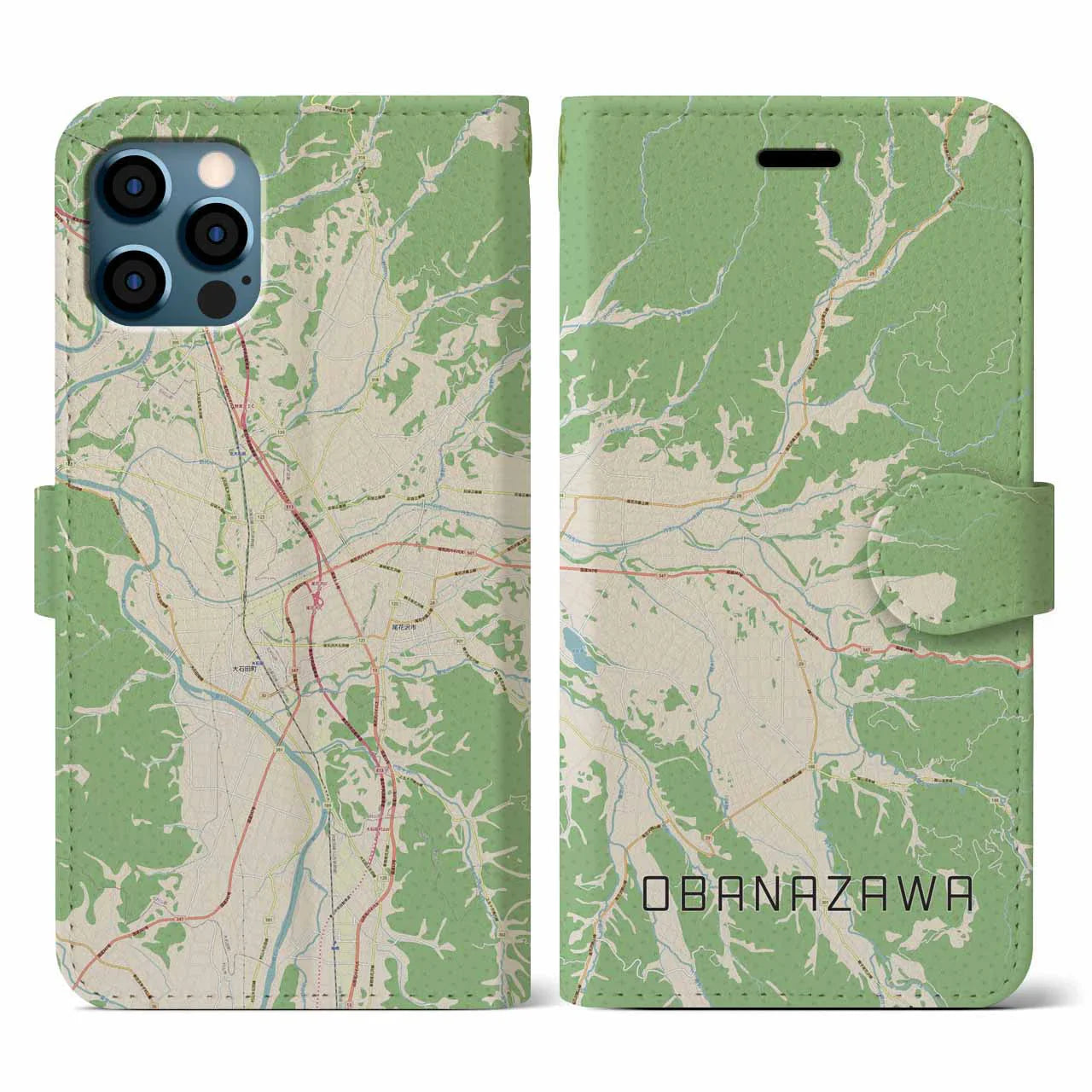 【尾花沢(山形県)】地図柄iPhoneケース(手帳タイプ)ナチュラル・iPhone 12 / 12 Pro 用