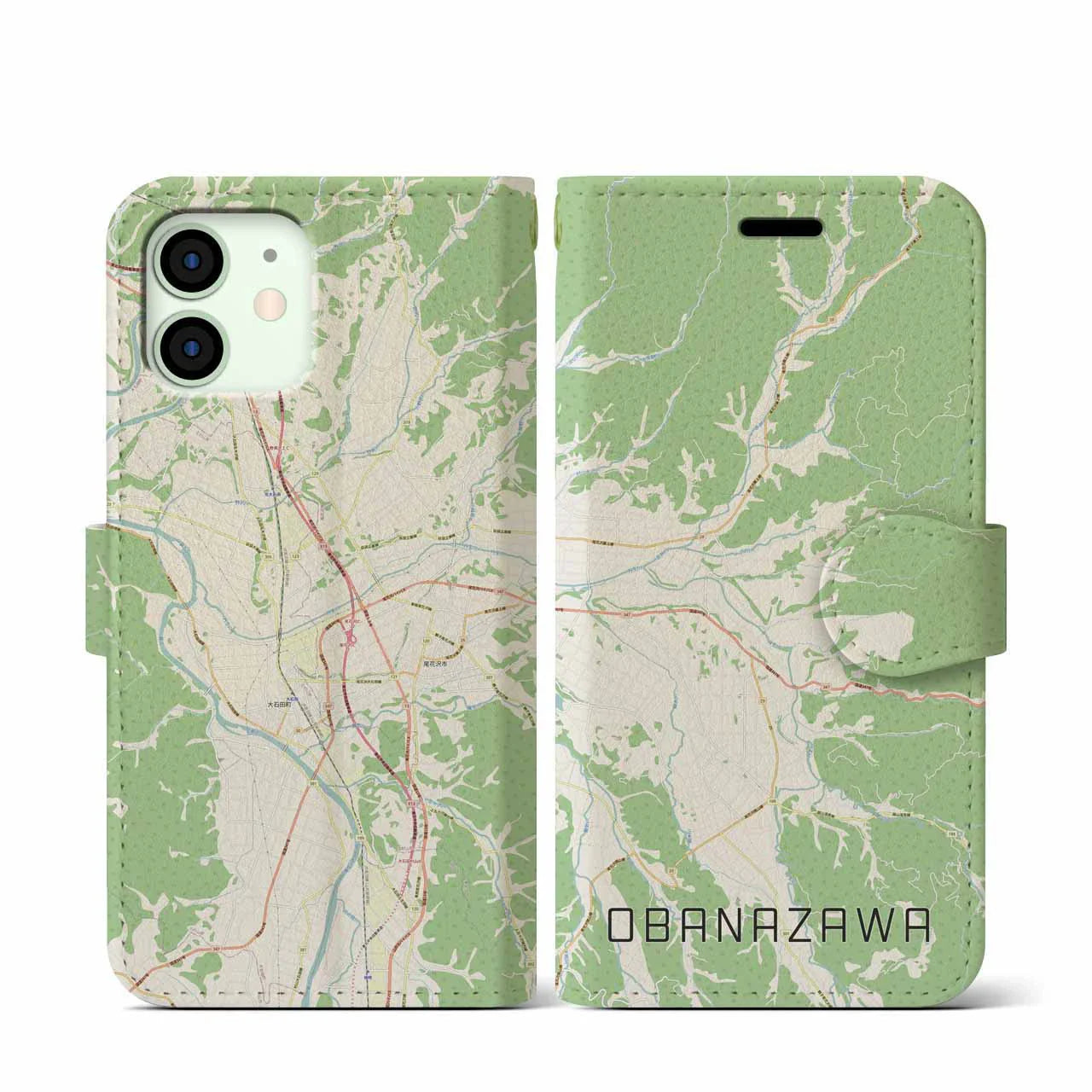 【尾花沢(山形県)】地図柄iPhoneケース(手帳タイプ)ナチュラル・iPhone 12 mini 用