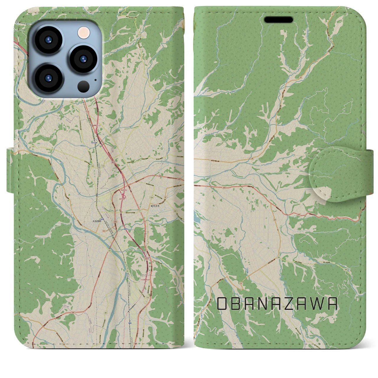 【尾花沢(山形県)】地図柄iPhoneケース(手帳タイプ)ナチュラル・iPhone 13 Pro Max 用