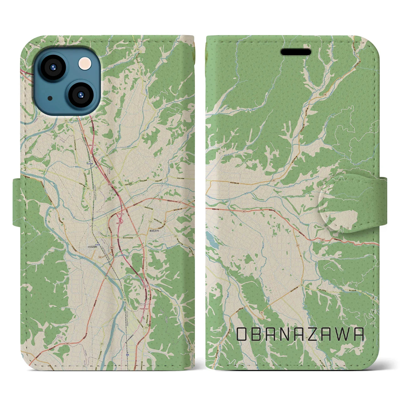 【尾花沢(山形県)】地図柄iPhoneケース(手帳タイプ)ナチュラル・iPhone 13 用