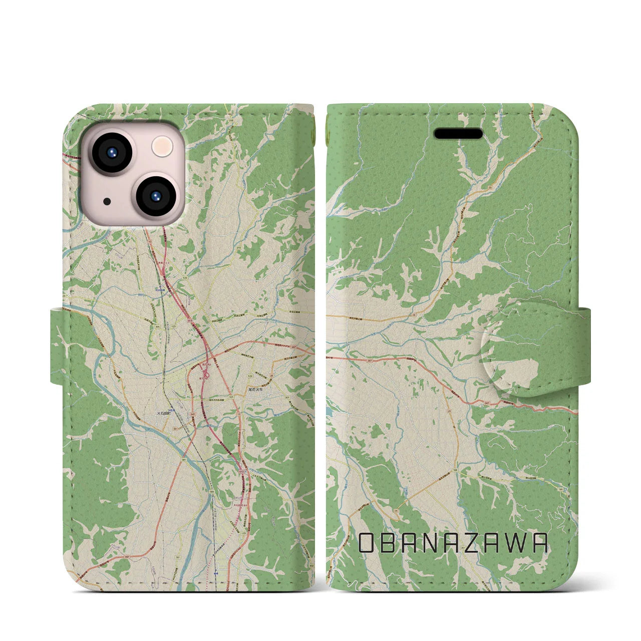 【尾花沢(山形県)】地図柄iPhoneケース(手帳タイプ)ナチュラル・iPhone 13 mini 用