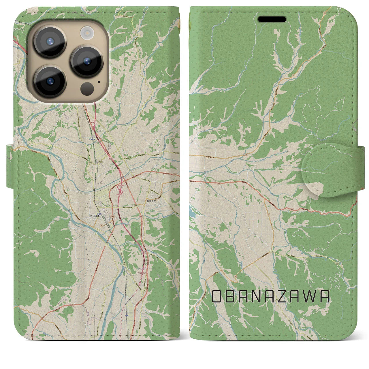【尾花沢(山形県)】地図柄iPhoneケース(手帳タイプ)ナチュラル・iPhone 14 Pro Max 用