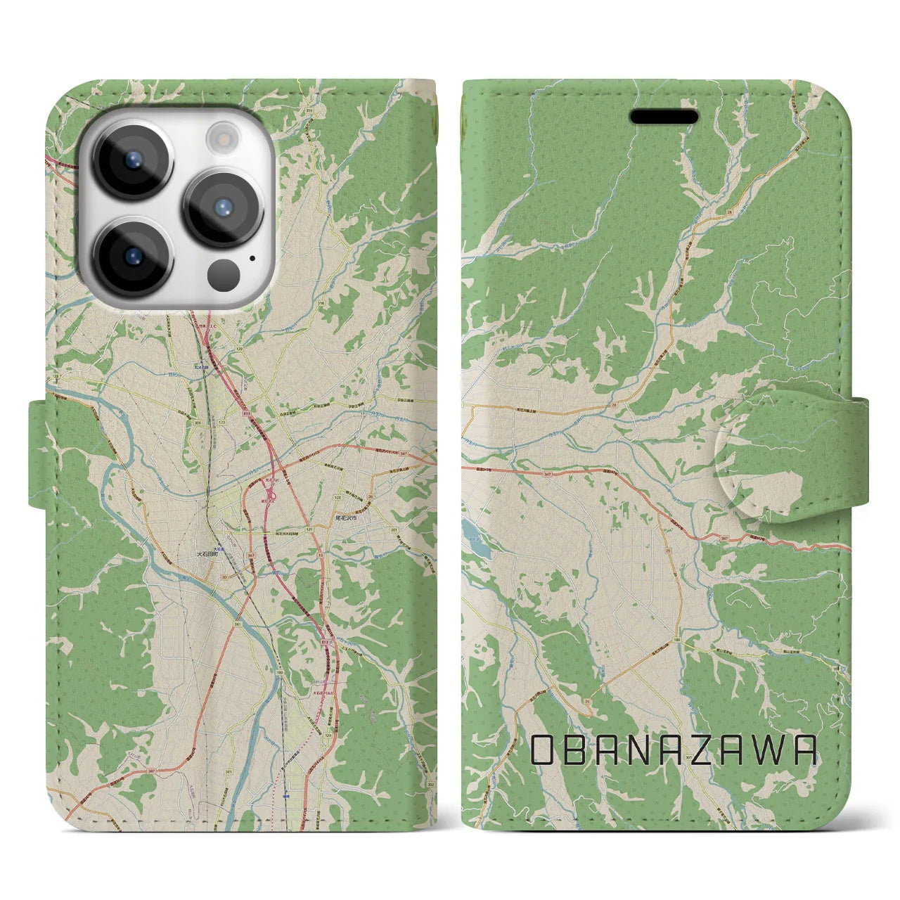 【尾花沢(山形県)】地図柄iPhoneケース(手帳タイプ)ナチュラル・iPhone 14 Pro 用