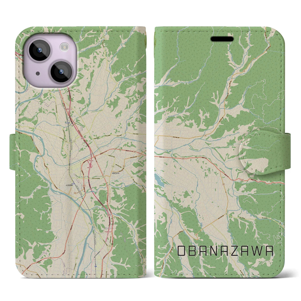 【尾花沢(山形県)】地図柄iPhoneケース(手帳タイプ)ナチュラル・iPhone 14 用