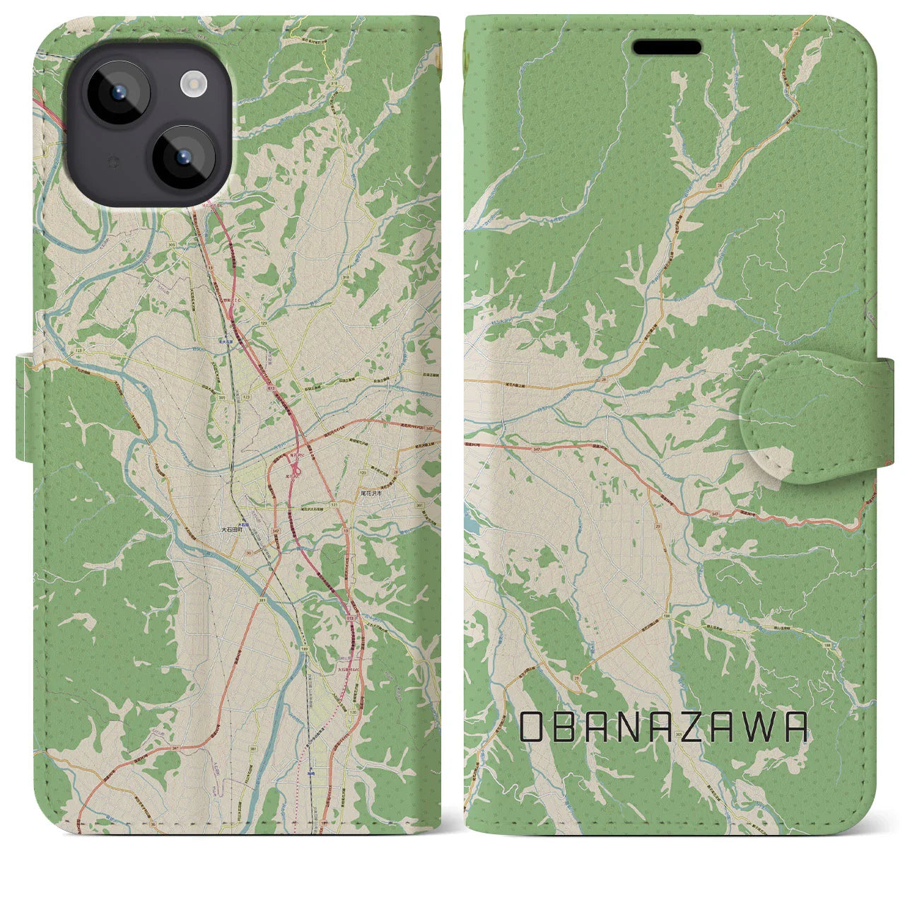 【尾花沢(山形県)】地図柄iPhoneケース(手帳タイプ)ナチュラル・iPhone 14 Plus 用