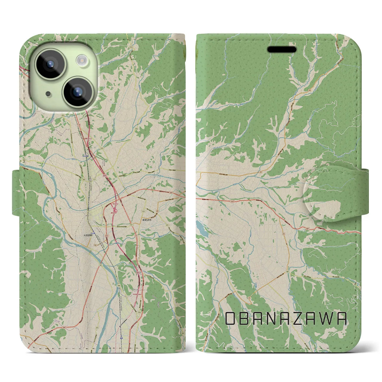 【尾花沢(山形県)】地図柄iPhoneケース(手帳タイプ)ナチュラル・iPhone 15 用