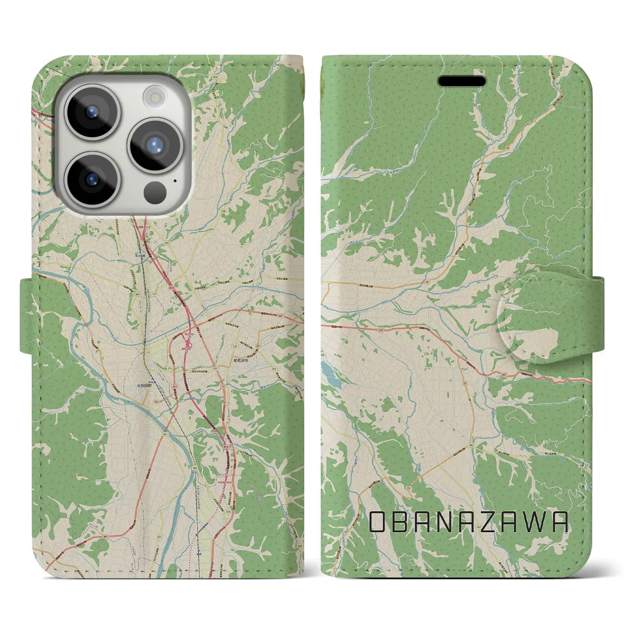 【尾花沢(山形県)】地図柄iPhoneケース(手帳タイプ)ナチュラル・iPhone 15 Pro 用