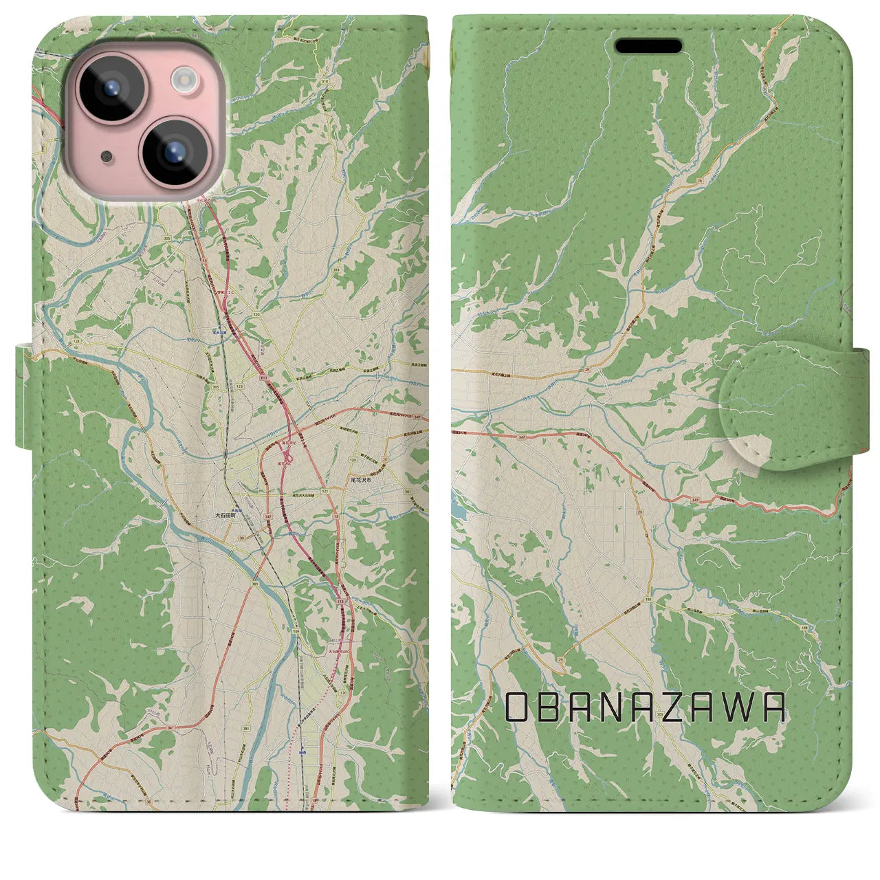 【尾花沢(山形県)】地図柄iPhoneケース(手帳タイプ)ナチュラル・iPhone 15 Plus 用