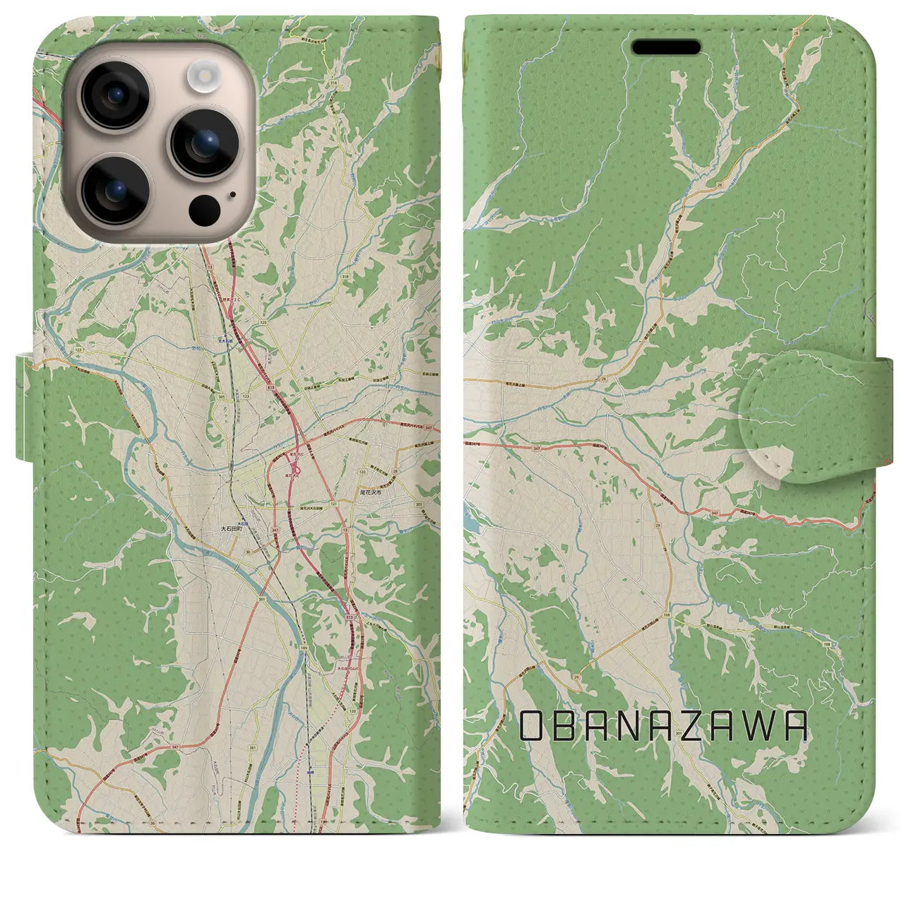 【尾花沢(山形県)】地図柄iPhoneケース(手帳タイプ)ナチュラル・iPhone 16 Plus 用