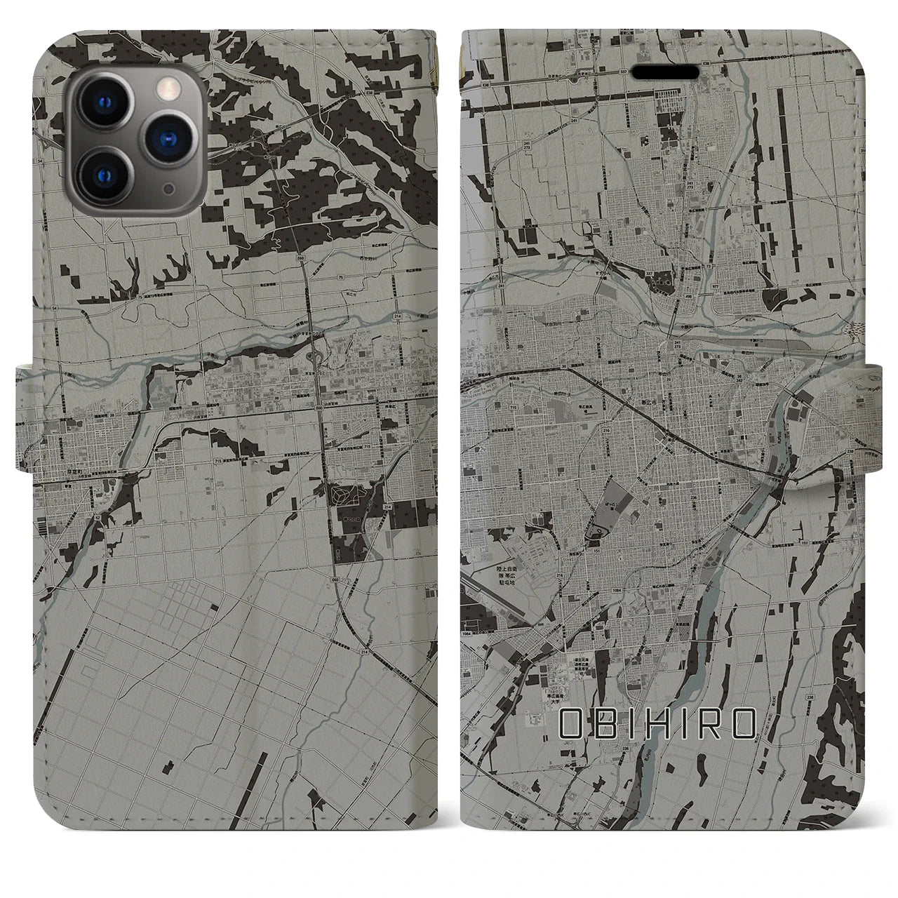 【帯広(北海道)】地図柄iPhoneケース(手帳タイプ)モノトーン・iPhone 11 Pro Max 用
