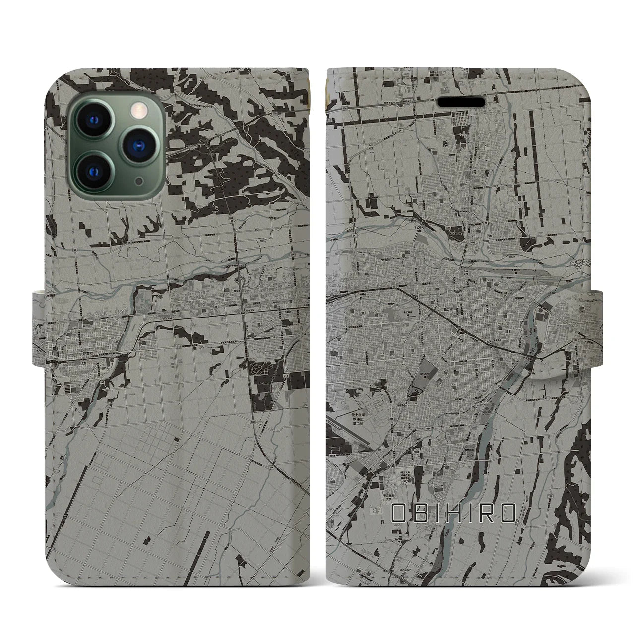 【帯広(北海道)】地図柄iPhoneケース(手帳タイプ)モノトーン・iPhone 11 Pro 用