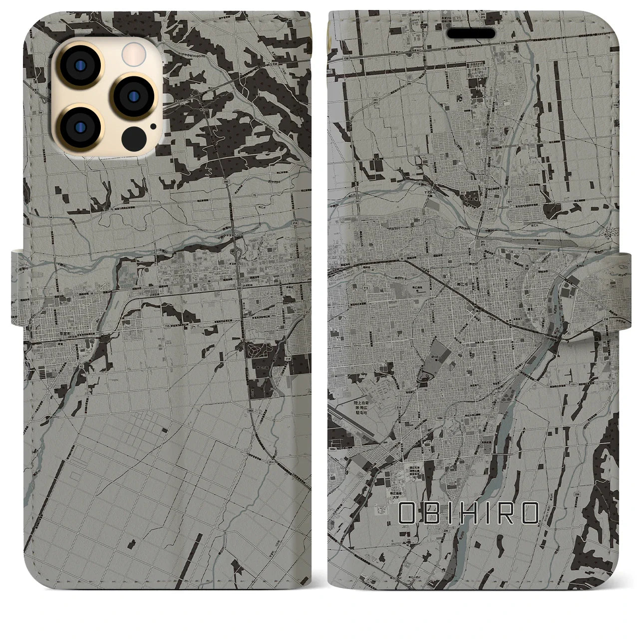 【帯広(北海道)】地図柄iPhoneケース(手帳タイプ)モノトーン・iPhone 12 Pro Max 用