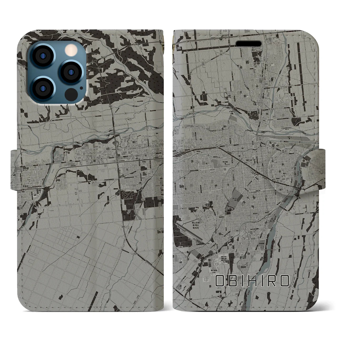 【帯広(北海道)】地図柄iPhoneケース(手帳タイプ)モノトーン・iPhone 12 / 12 Pro 用
