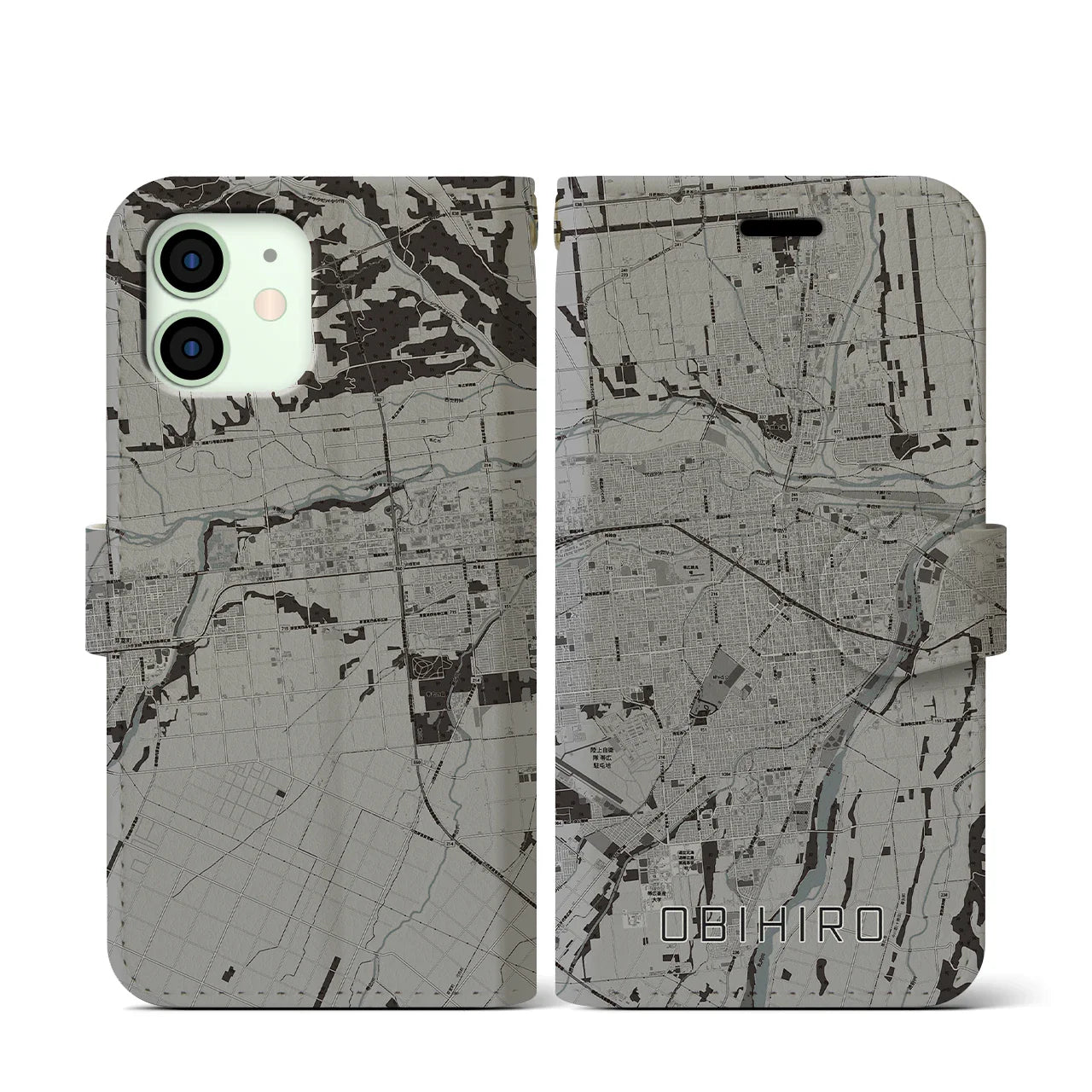 【帯広(北海道)】地図柄iPhoneケース(手帳タイプ)モノトーン・iPhone 12 mini 用