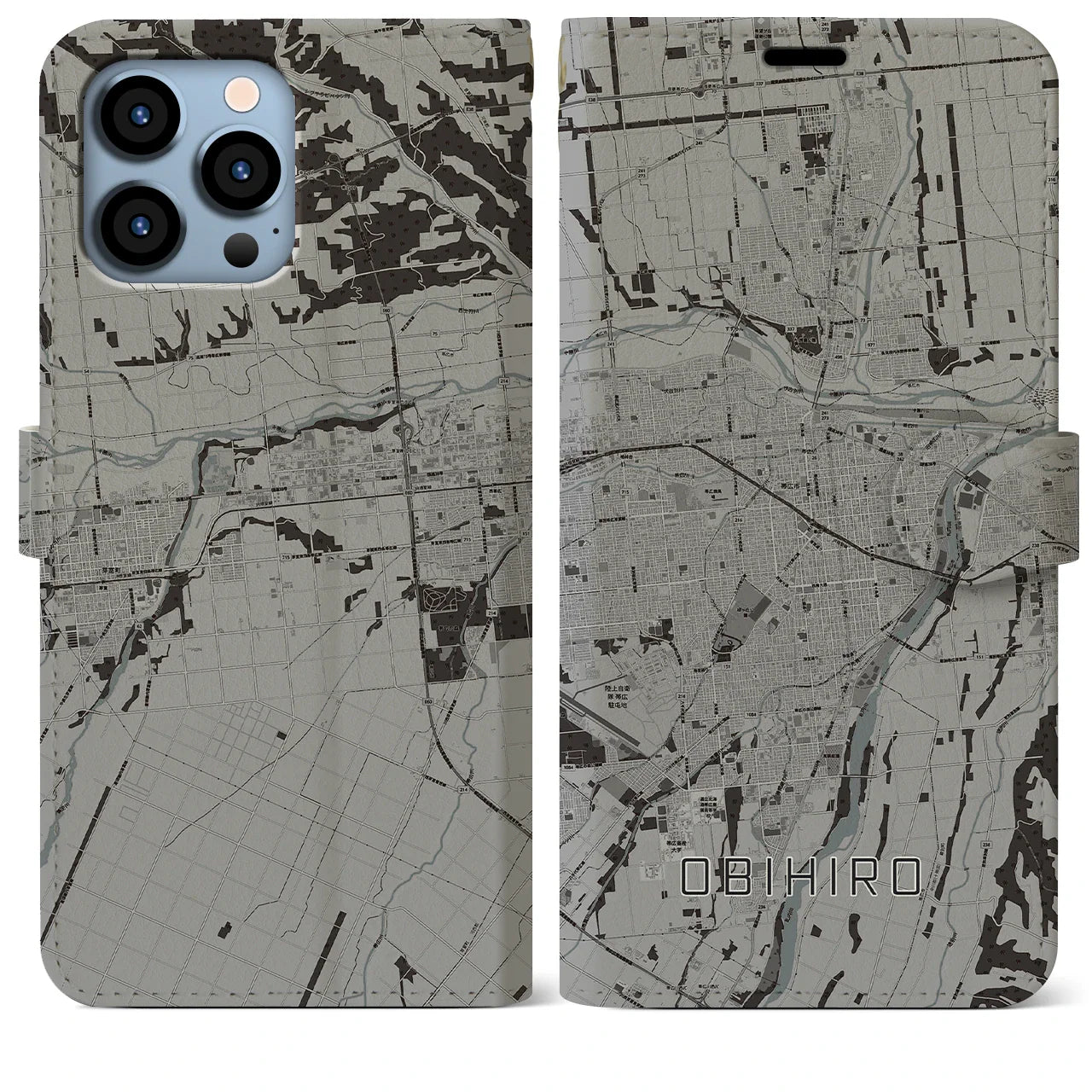 【帯広(北海道)】地図柄iPhoneケース(手帳タイプ)モノトーン・iPhone 13 Pro Max 用