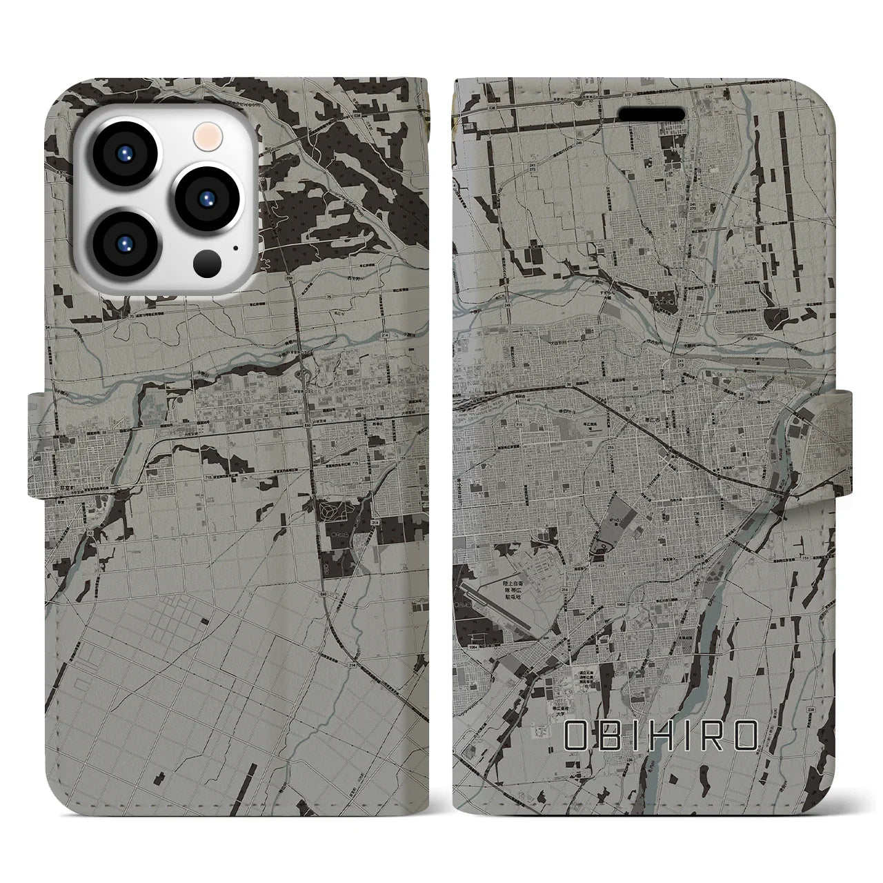 【帯広(北海道)】地図柄iPhoneケース(手帳タイプ)モノトーン・iPhone 13 Pro 用