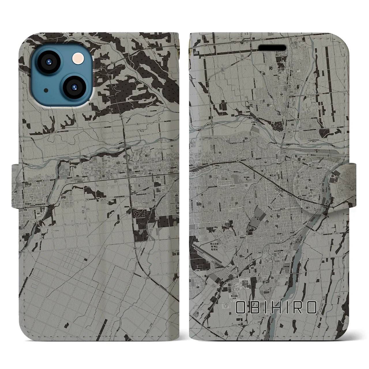 【帯広(北海道)】地図柄iPhoneケース(手帳タイプ)モノトーン・iPhone 13 用