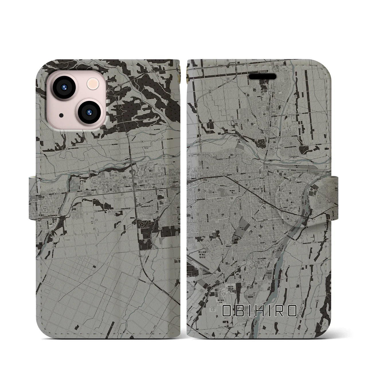 【帯広(北海道)】地図柄iPhoneケース(手帳タイプ)モノトーン・iPhone 13 mini 用