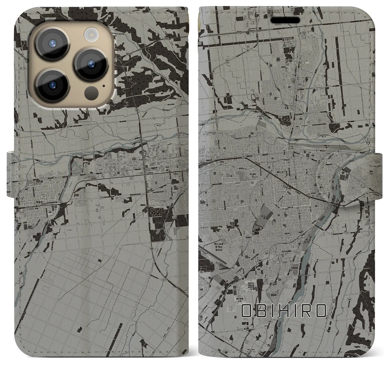 【帯広(北海道)】地図柄iPhoneケース(手帳タイプ)モノトーン・iPhone 14 Pro Max 用