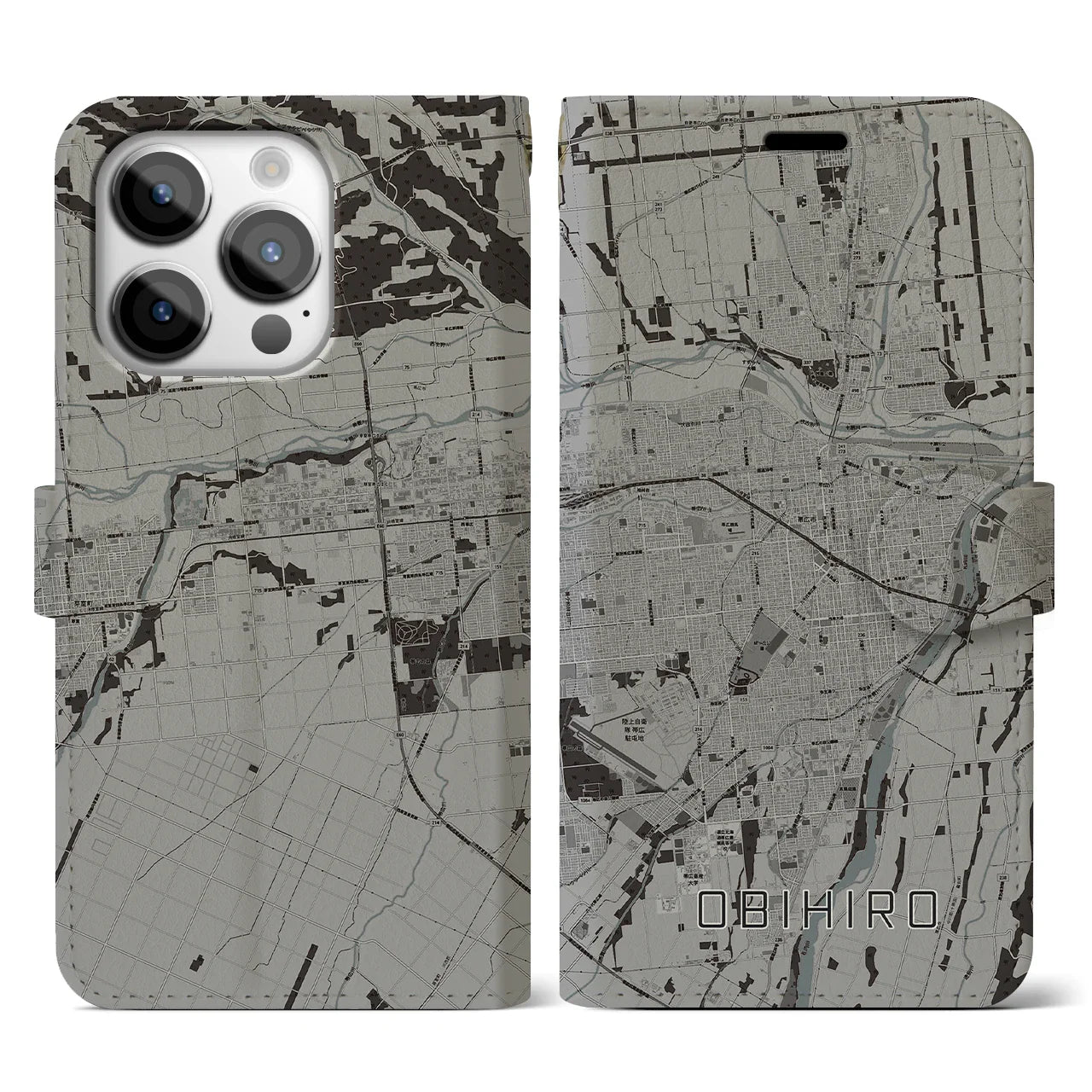 【帯広(北海道)】地図柄iPhoneケース(手帳タイプ)モノトーン・iPhone 14 Pro 用