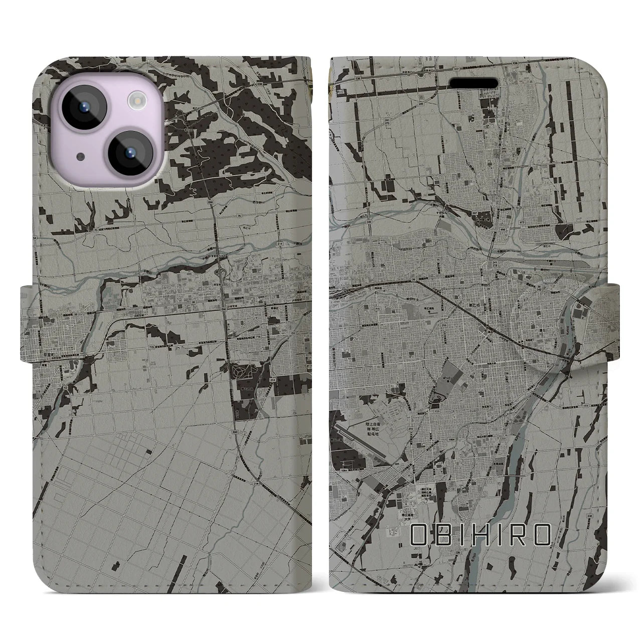 【帯広(北海道)】地図柄iPhoneケース(手帳タイプ)モノトーン・iPhone 14 用