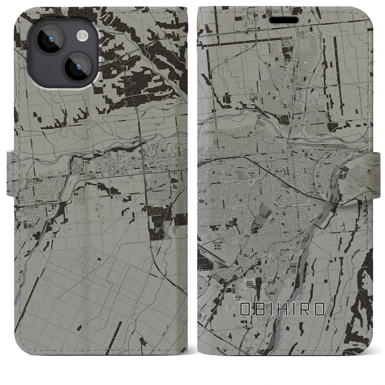 【帯広(北海道)】地図柄iPhoneケース(手帳タイプ)モノトーン・iPhone 14 Plus 用