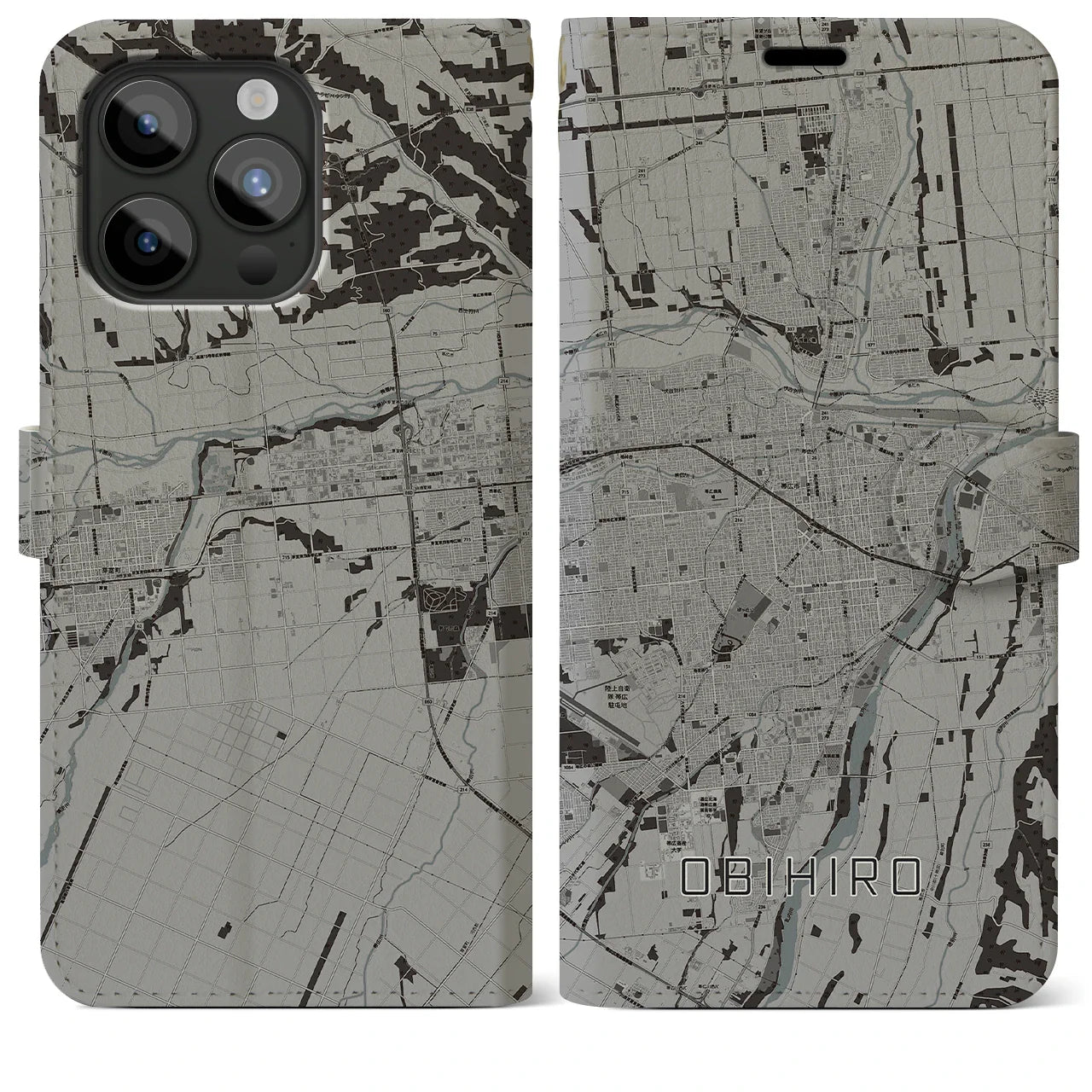 【帯広(北海道)】地図柄iPhoneケース(手帳タイプ)モノトーン・iPhone 15 Pro Max 用