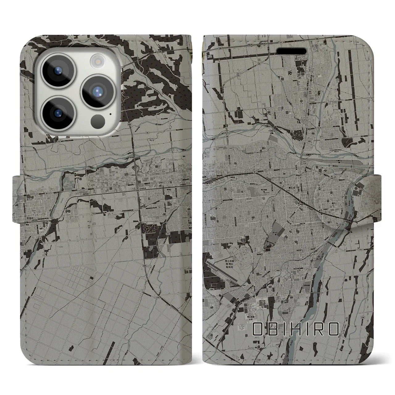 【帯広(北海道)】地図柄iPhoneケース(手帳タイプ)モノトーン・iPhone 15 Pro 用
