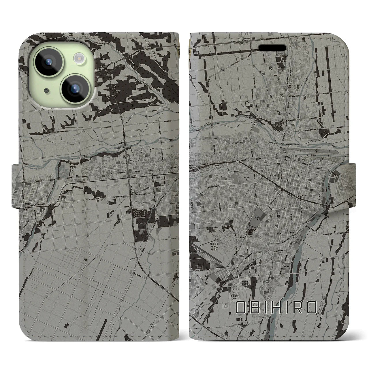 【帯広(北海道)】地図柄iPhoneケース(手帳タイプ)モノトーン・iPhone 15 用