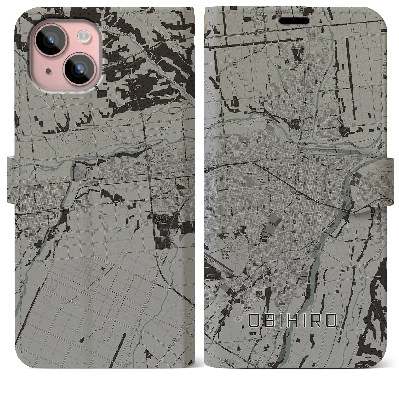 【帯広(北海道)】地図柄iPhoneケース(手帳タイプ)モノトーン・iPhone 15 Plus 用