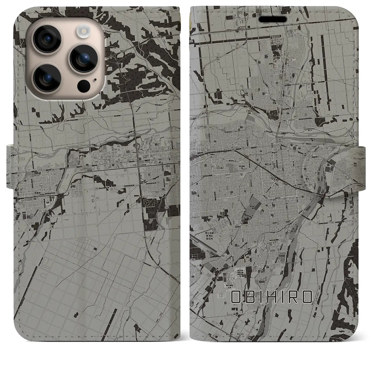 【帯広(北海道)】地図柄iPhoneケース(手帳タイプ)モノトーン・iPhone 16 Plus 用
