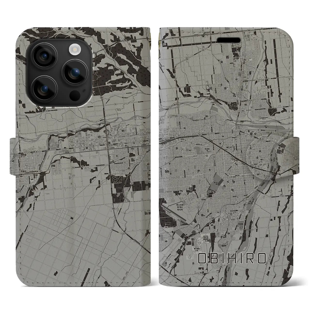 【帯広(北海道)】地図柄iPhoneケース(手帳タイプ)モノトーン・iPhone 16 用