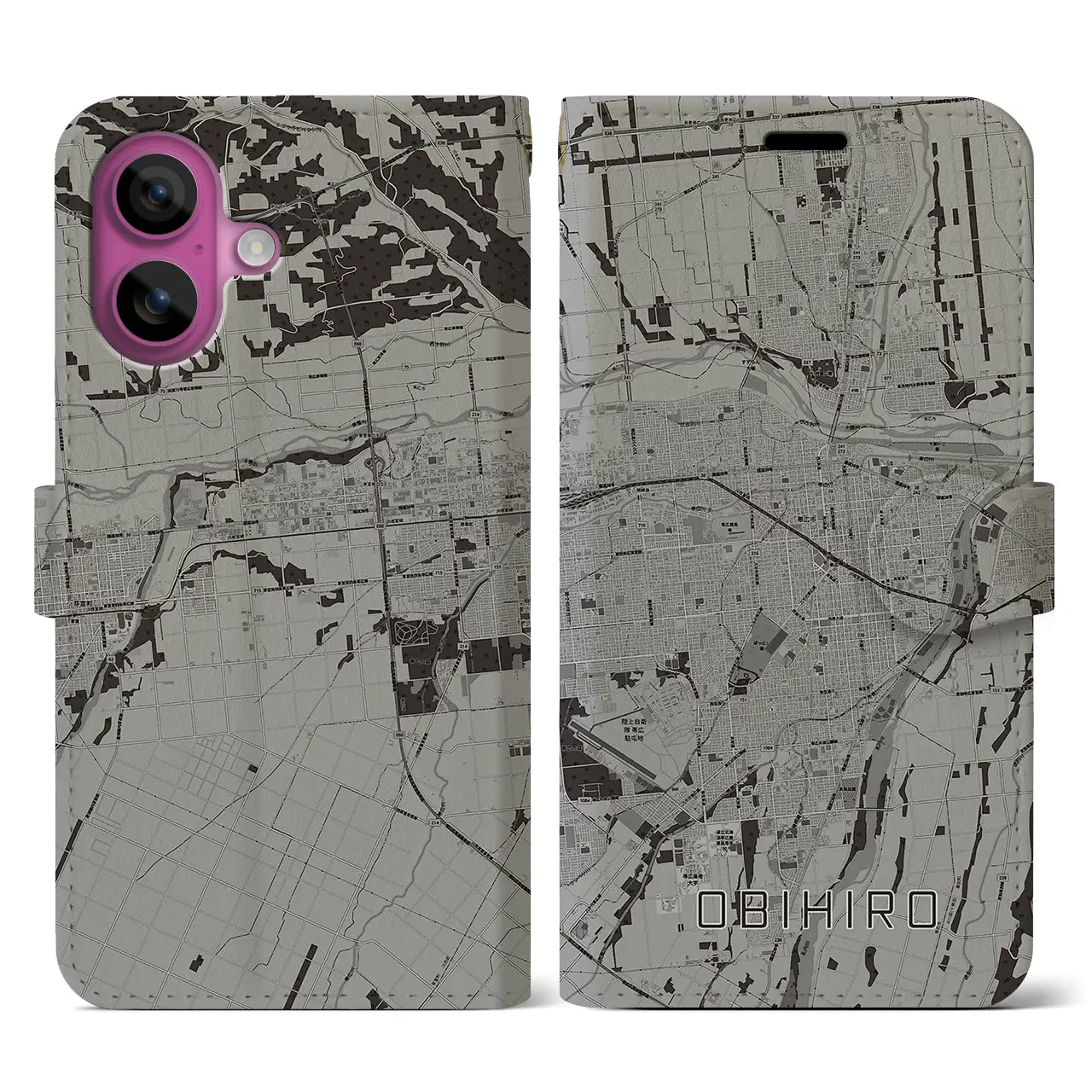 【帯広(北海道)】地図柄iPhoneケース(手帳タイプ)モノトーン・iPhone 16 Pro 用