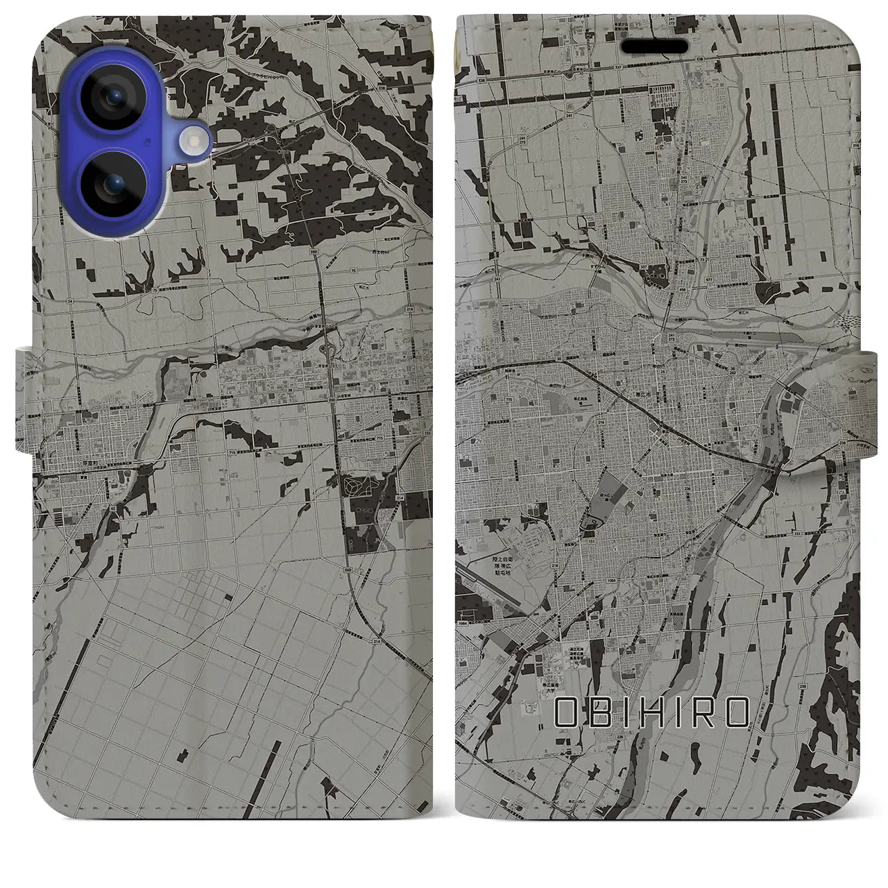【帯広(北海道)】地図柄iPhoneケース(手帳タイプ)モノトーン・iPhone 16 Pro Max 用