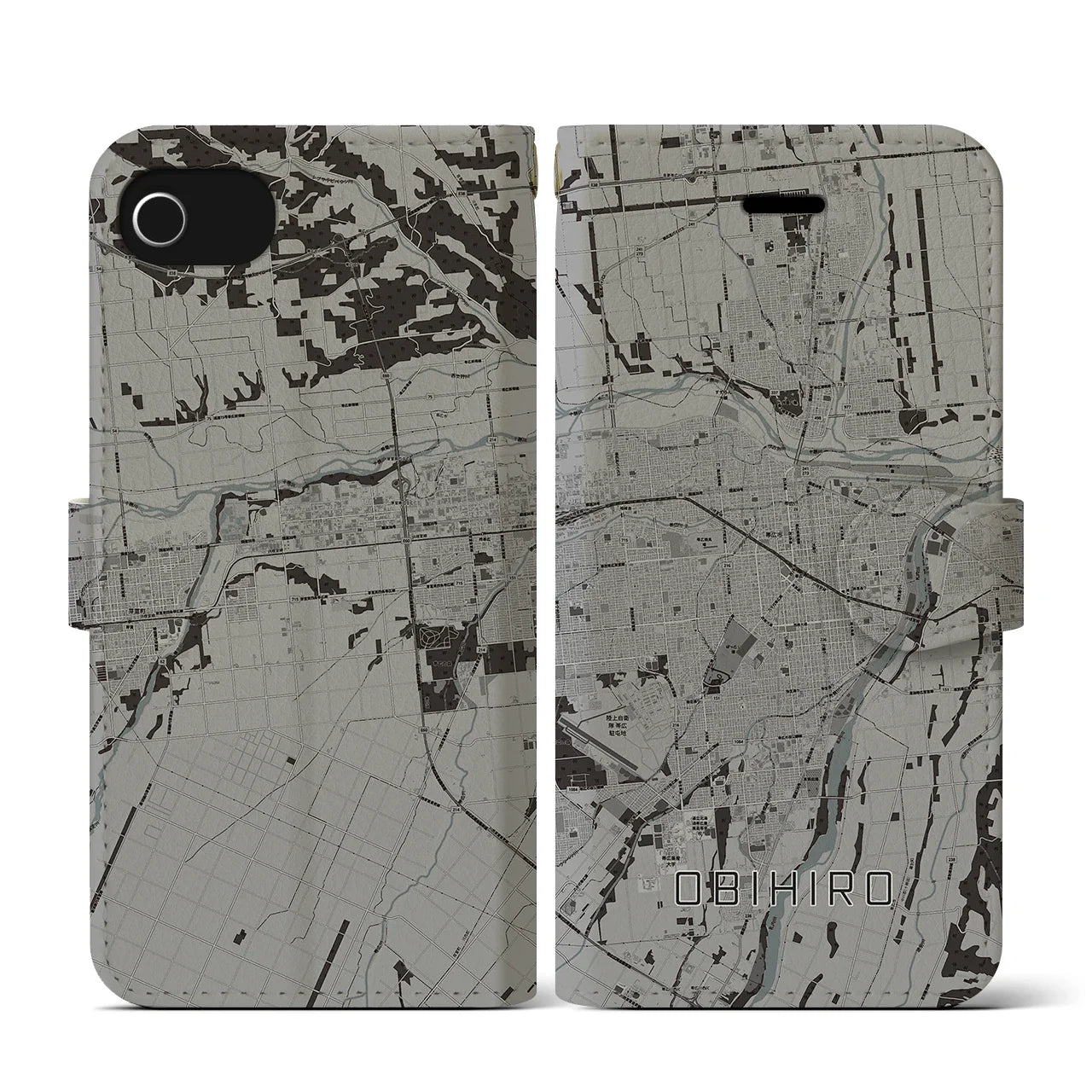 【帯広(北海道)】地図柄iPhoneケース(手帳タイプ)モノトーン・iPhone SE(第3 / 第2世代) / 8 / 7 / 6s / 6 用