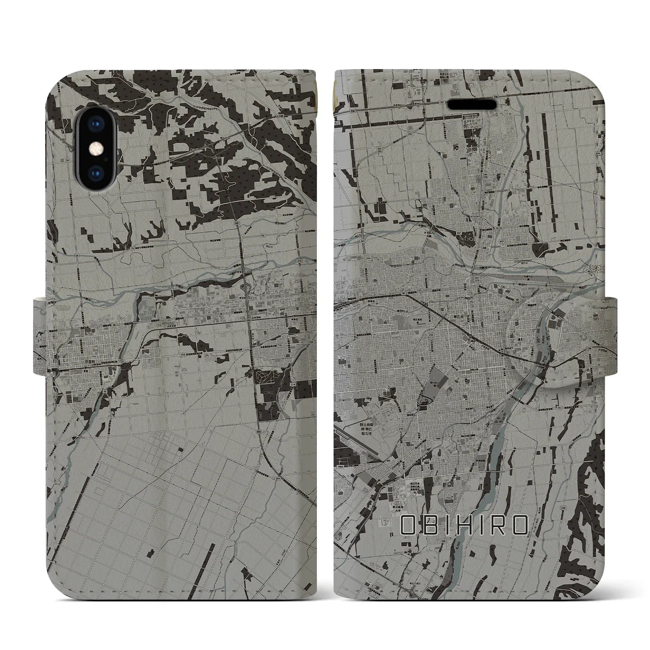 【帯広(北海道)】地図柄iPhoneケース(手帳タイプ)モノトーン・iPhone XS / X 用