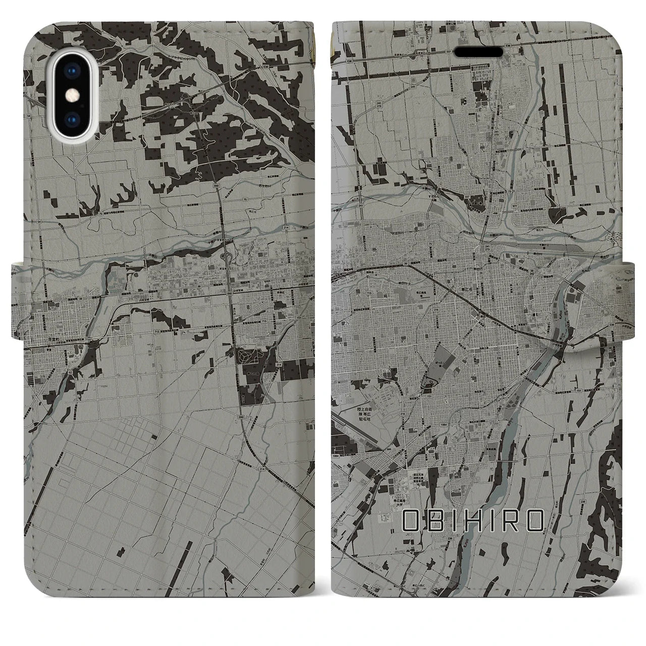 【帯広(北海道)】地図柄iPhoneケース(手帳タイプ)モノトーン・iPhone XS Max 用