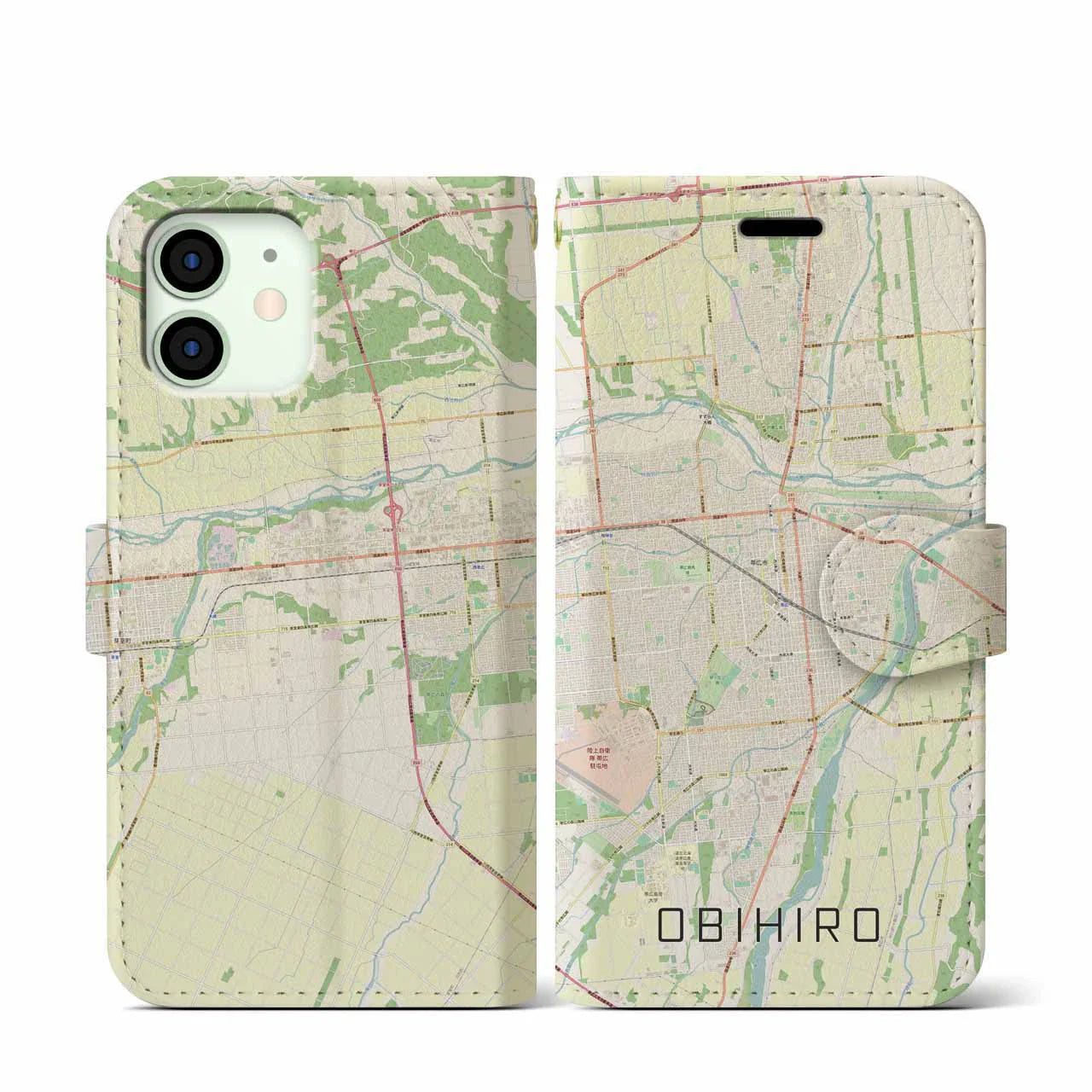 【帯広(北海道)】地図柄iPhoneケース(手帳タイプ)ナチュラル・iPhone 12 mini 用