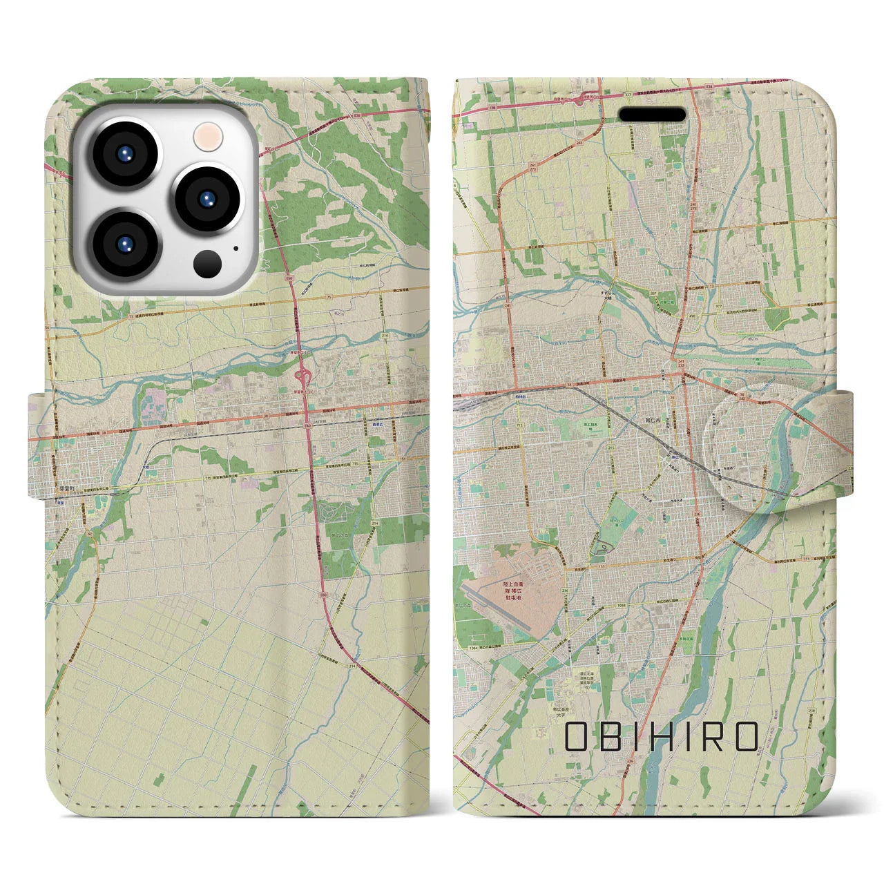 【帯広(北海道)】地図柄iPhoneケース(手帳タイプ)ナチュラル・iPhone 13 Pro 用
