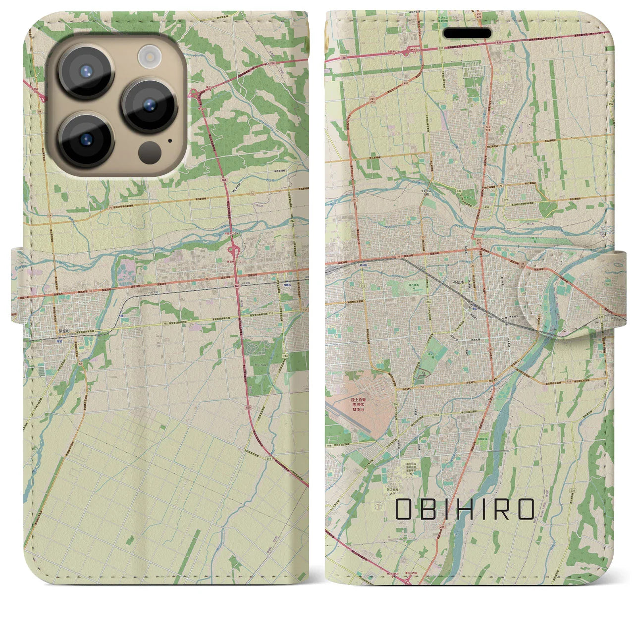 【帯広(北海道)】地図柄iPhoneケース(手帳タイプ)ナチュラル・iPhone 14 Pro Max 用