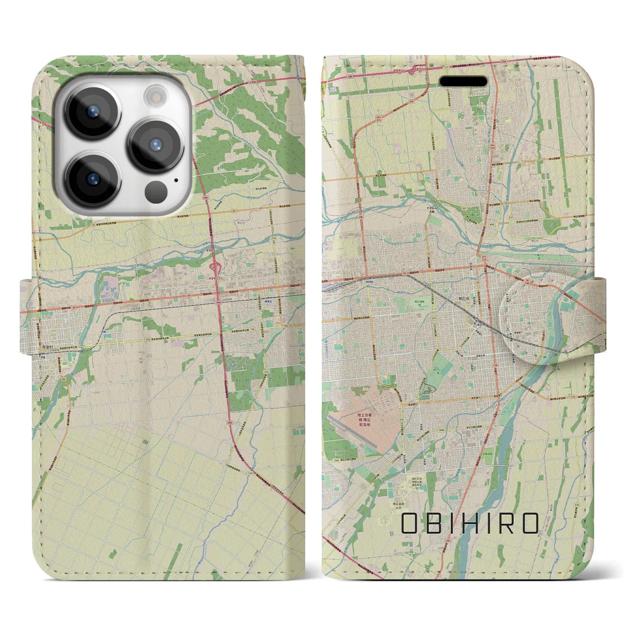 【帯広(北海道)】地図柄iPhoneケース(手帳タイプ)ナチュラル・iPhone 14 Pro 用