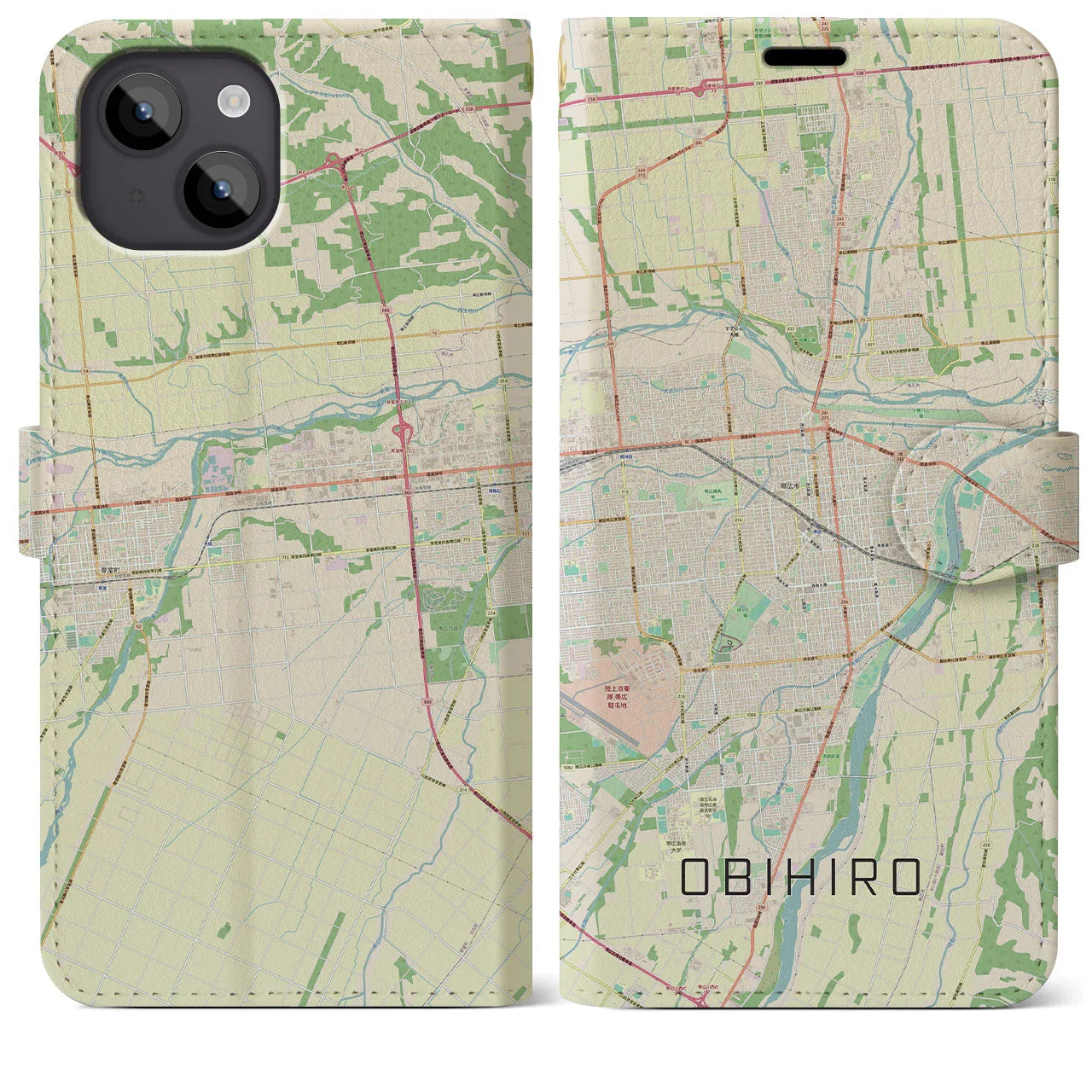 【帯広(北海道)】地図柄iPhoneケース(手帳タイプ)ナチュラル・iPhone 14 Plus 用