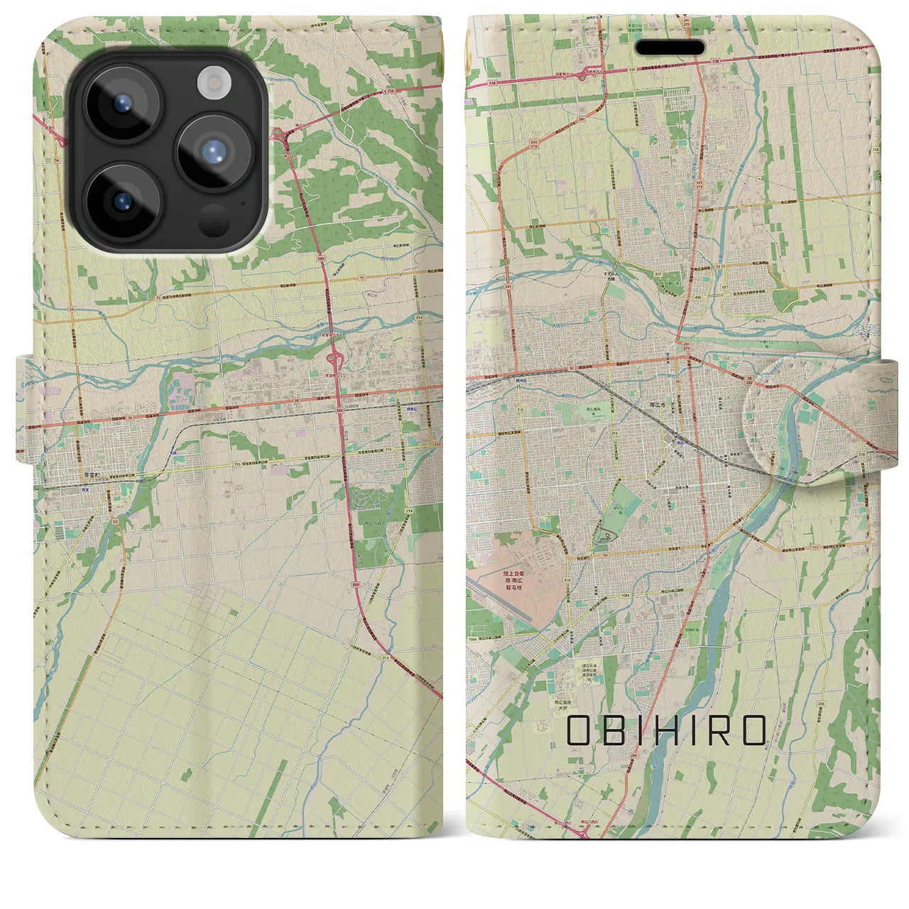 【帯広(北海道)】地図柄iPhoneケース(手帳タイプ)ナチュラル・iPhone 15 Pro Max 用
