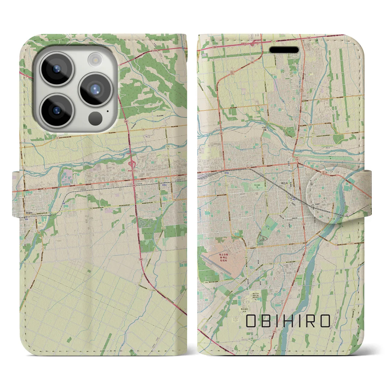 【帯広(北海道)】地図柄iPhoneケース(手帳タイプ)ナチュラル・iPhone 15 Pro 用