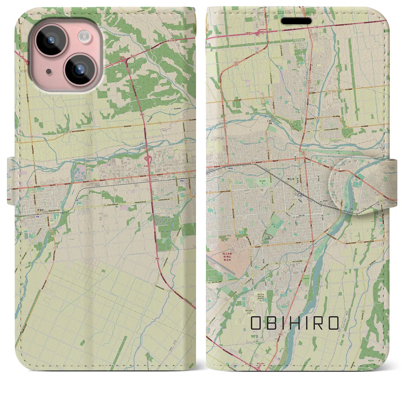 【帯広(北海道)】地図柄iPhoneケース(手帳タイプ)ナチュラル・iPhone 15 Plus 用