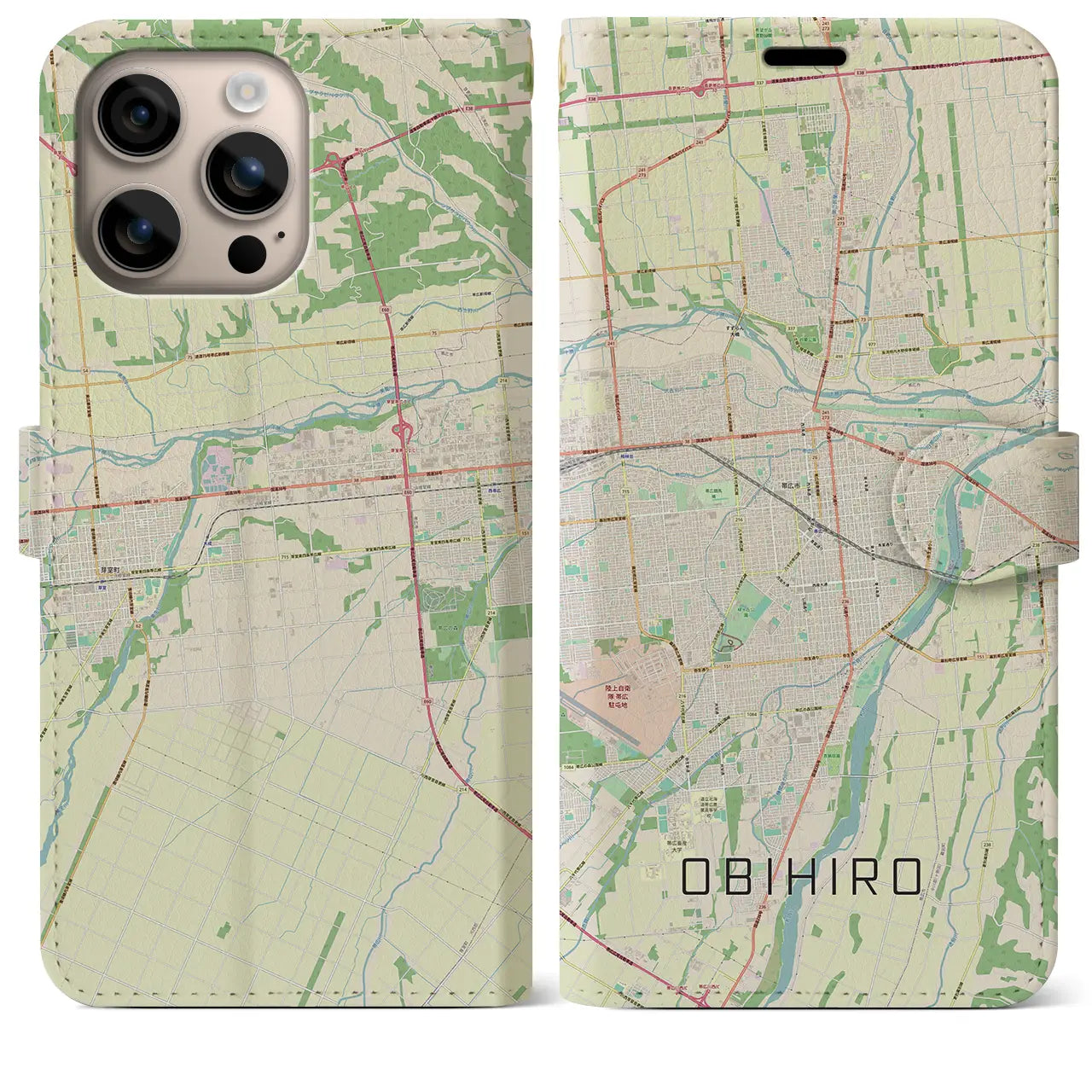 【帯広(北海道)】地図柄iPhoneケース(手帳タイプ)ナチュラル・iPhone 16 Plus 用