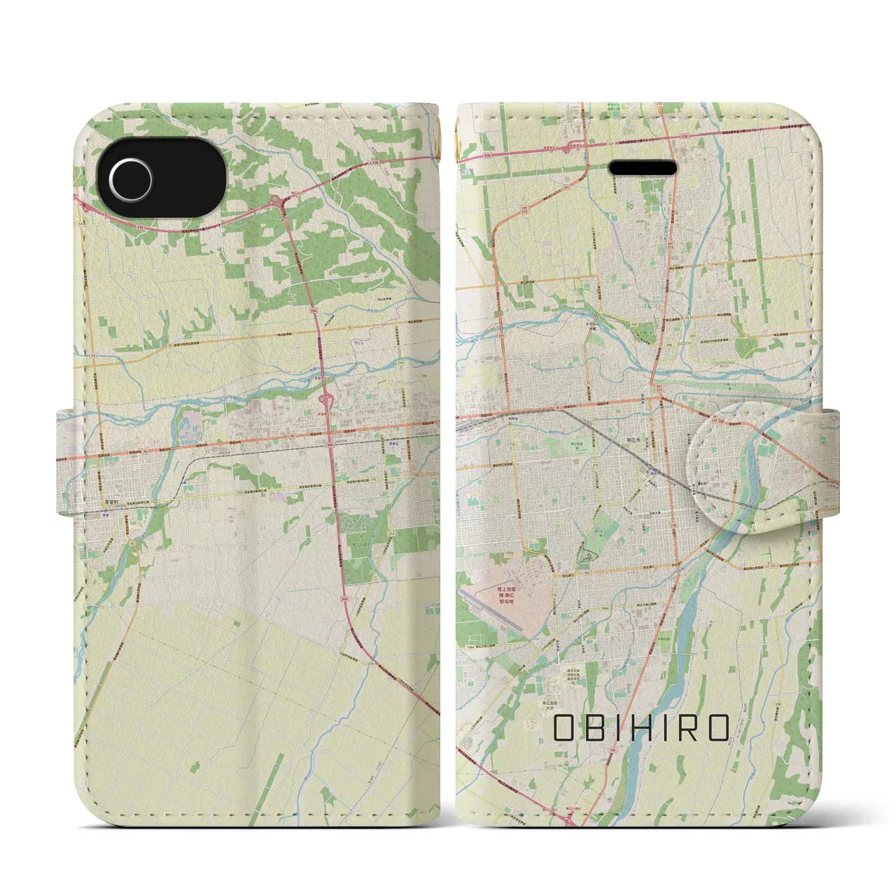 【帯広(北海道)】地図柄iPhoneケース(手帳タイプ)ナチュラル・iPhone SE(第3 / 第2世代) / 8 / 7 / 6s / 6 用
