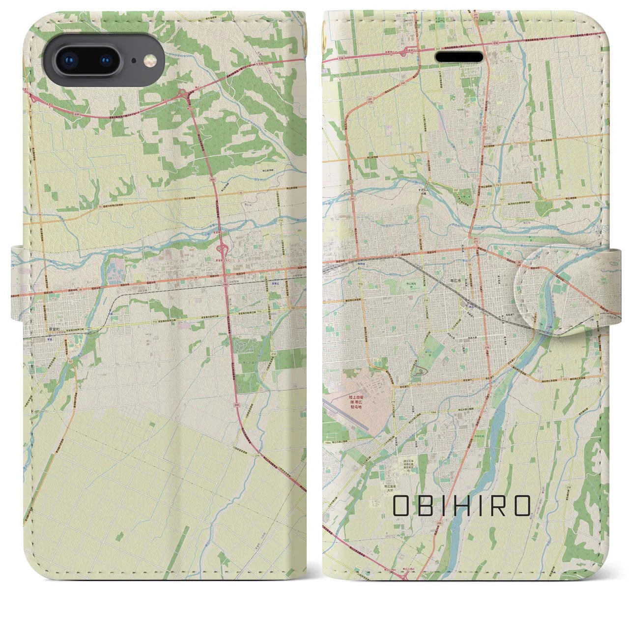 【帯広(北海道)】地図柄iPhoneケース(手帳タイプ)ナチュラル・iPhone 8Plus /7Plus / 6sPlus / 6Plus 用
