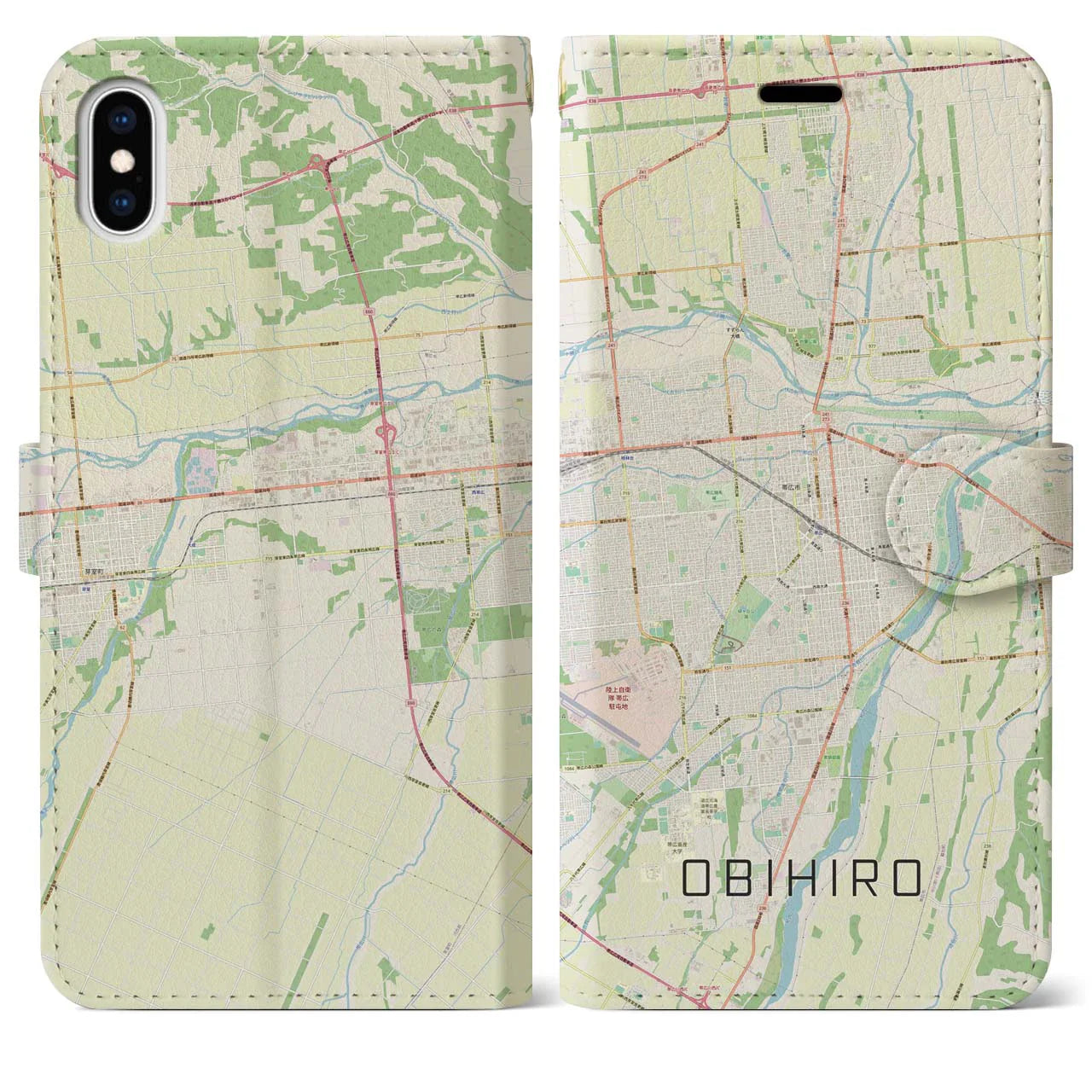 【帯広(北海道)】地図柄iPhoneケース(手帳タイプ)ナチュラル・iPhone XS Max 用